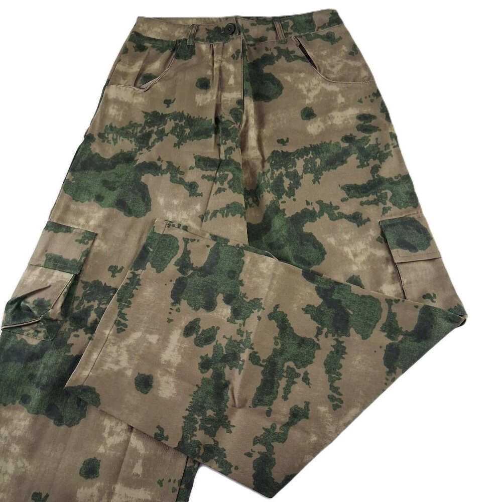 PrettyLittleThing Shape Wide Leg Trousers Pants Women's Sz 2 Khaki Camo Pockets